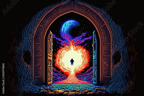 Pixel art magic portal to parallel universe, portal to fantasy dimension, background in retro style for 8 bit game, Generative AI
