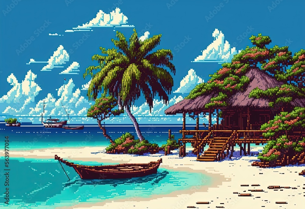 Pixel art paradise island resort, beach bungalow, landscape in retro