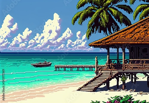 Pixel art paradise island resort, beach bungalow, landscape in retro style for 8 bit game, Generative AI © Pixel  Land