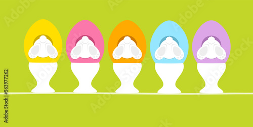 5 Weiße Osterhasen In Ei Eierbecher Hinten Grün