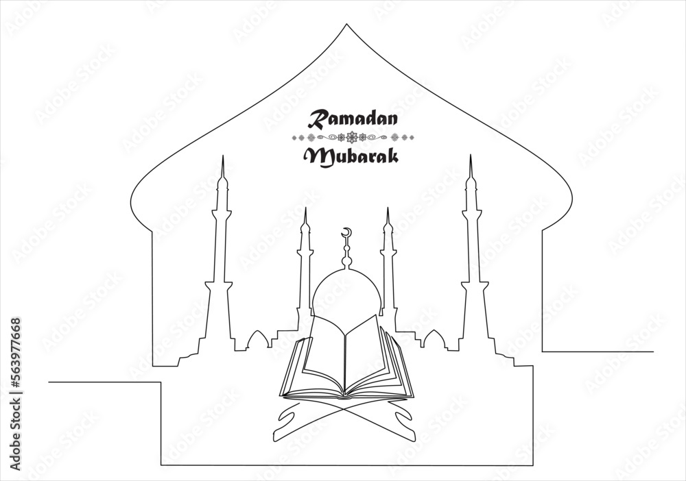 Single continuous line drawing of open Quran, holy book muslim, on placemat and mosque. Islamic holy day Ramadan Kareem and Eid Mubarak greeting card concept one line draw design vector illustration Single continuous line drawing of open Quran, holy book muslim, on placemat and mosque. Islamic holy day Ramadan Kareem and Eid Mubarak greeting card concept one line draw design vector illustration