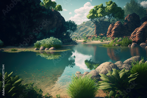 lake and mountains.  Generative AI © Shades3d