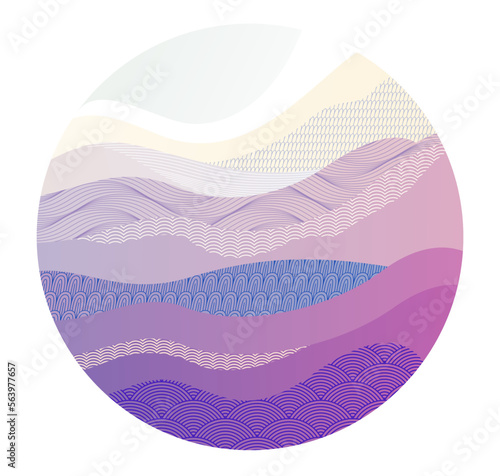 Abstract oriental Japanese art vector background in a shape of circle, traditional style design, wavy shapes and mountains terrain landscape, runny like sea lines.