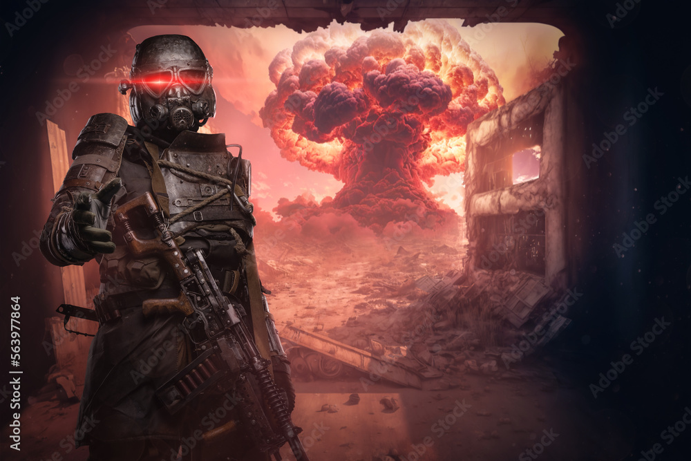 Portrait of survivor in setting of post apocalypse in destroyed city after nuclear war. Portrait of survivor in setting of post apocalypse in destroyed city after nuclear war.