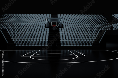 Black basketball hall with empty stands, dark basketball court, basketball stadium. Basketball concept, sports betting. Copy space, 3D illustration, 3D rendering. © Aliaksandr Marko