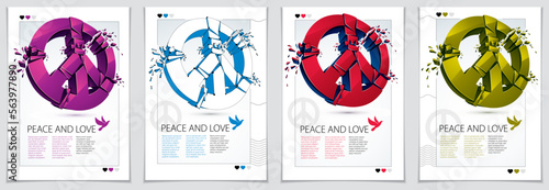 Peace Symbol breaking to pieces vector 3d realistic illustration and flyer, broken peace, antiwar meeting and protest demonstration like hippies and pacifists in 60s, against military conflicts.