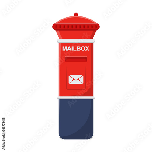Old red metal mailbox. Vector illustration of vintage street postbox for wall of house. Cartoon classic letterbox or box for envelopes in slot isolated white. Post service concept