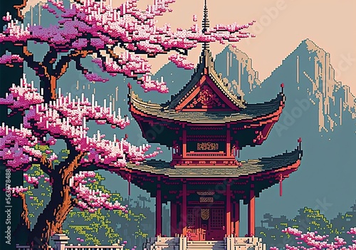 Pixel art Chinese temple and cherry trees in the mountains, landscape in retro style for 8 bit game, Generative AI 