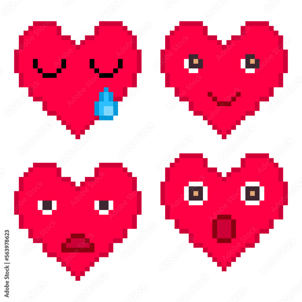 Fototapeta premium Pixel illustration of 4 facial expressions on hearts