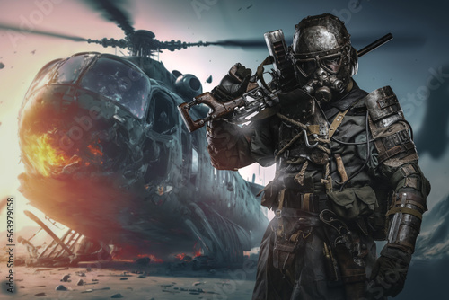 Art of military man with shotgun against background with downed helicopter.
