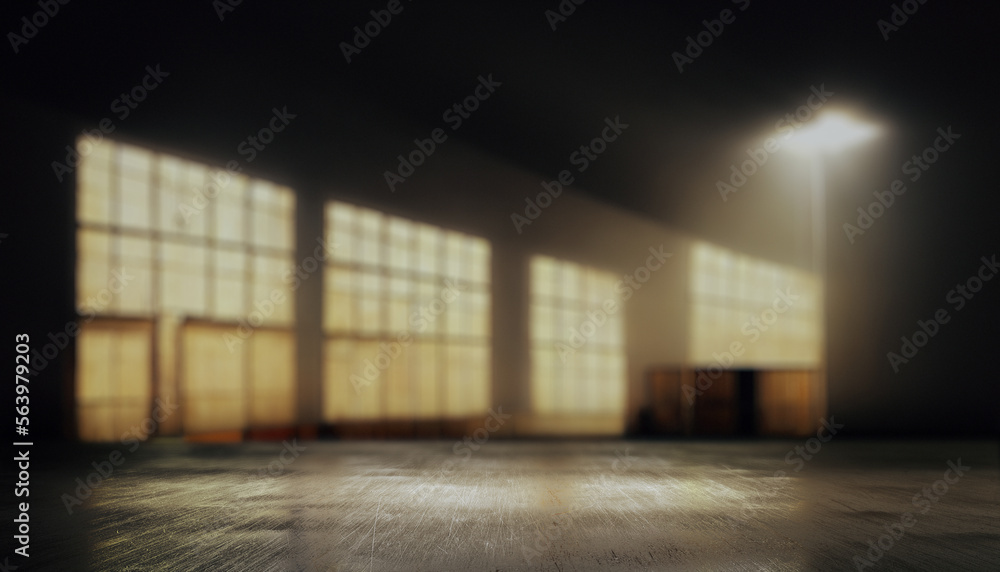 Space for product showcase background Warehouse blurred .