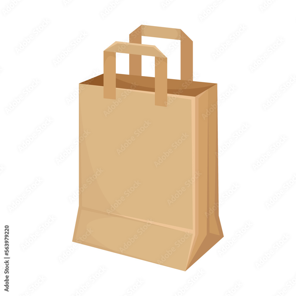 Paper bag vector illustration. Cartoon drawing of eco friendly packaging for food or grocery shopping in store isolated on white background. Recycling, ecology, environment concept