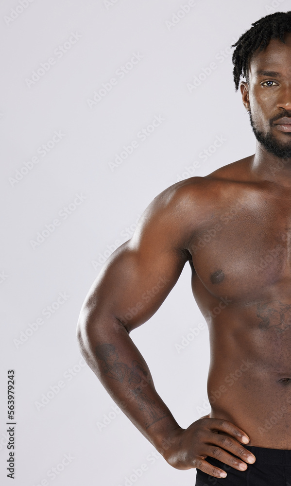 Half, portrait and black man body in studio for wellness, grooming and akimbo on grey background. Muscular, man and beauty routine on mockup, relax and skincare treatment on shirtless model isolated Half, portrait and black man body in studio for wellness, grooming and akimbo on grey background. Muscular, man and beauty routine on mockup, relax and skincare treatment on shirtless model isolated