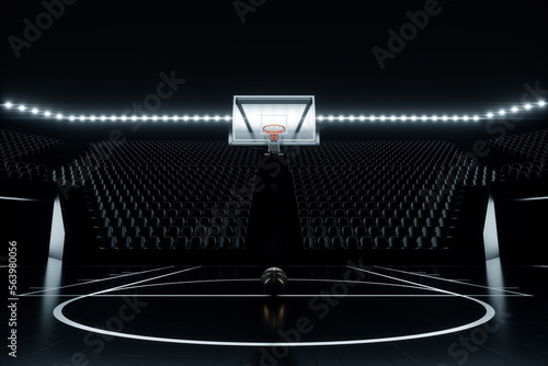 Black basketball hall with empty stands, dark basketball court, basketball stadium. Basketball concept, sports betting. Copy space, 3D illustration, 3D rendering.