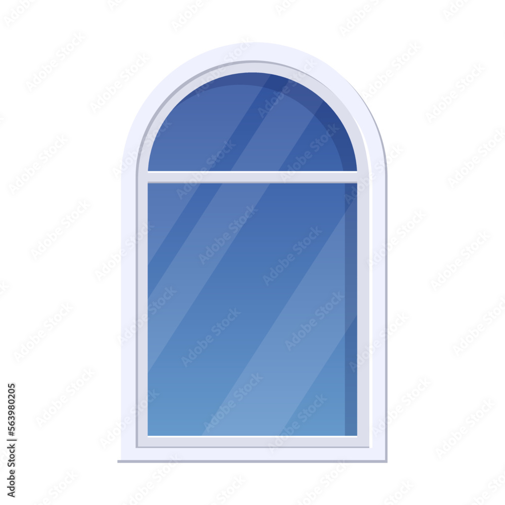 Window with white frame. Clean blue glass window on wall of building. Cartoon classic element of house exterior isolated white. Architecture, facade concept Window with white frame. Clean blue glass window on wall of building. Cartoon classic element of house exterior isolated white. Architecture, facade concept