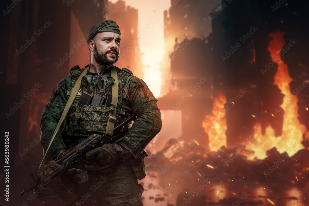 Art of soldier with camouflage uniform in city with burning buildings.