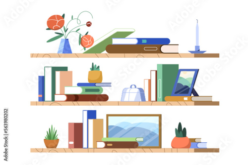 Flat colorful books, plants and picture frames stand on bookshelf. School bookcase or shelf hanging on wall in library or home with lying in pile textbooks. Paperbacks on bookshelves.