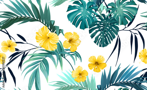 Tropical pattern with green monstera leaves and hibiscus flowers. Summer vector background or textile illustration.