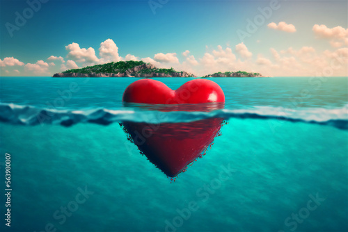 Red heart floats immersed in water in warm turquoise tropical waters, a desert island is visible in the distance and clouds in the sky. Generative AI technology.