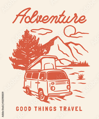 Campervan outdoor adventure hand drawn line adventure illustration Logo Badge
