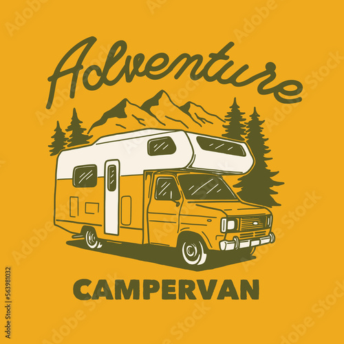 Campervan outdoor adventure hand drawn line adventure illustration Logo Badge
