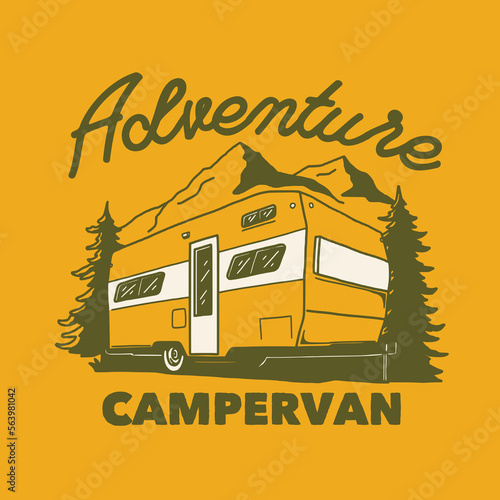 Campervan outdoor adventure hand drawn line adventure illustration Logo Badge
