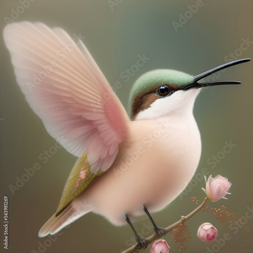 Generative AI  cute exotic fantasy hummingbird very feathery in pastel colors on a light background
