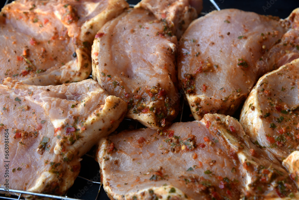 Raw pickled pork meat. Pork meat prepared for barbecue. Raw kebab. Seasoned meat. Raw pickled pork meat. Pork meat prepared for barbecue. Raw kebab. Seasoned meat.