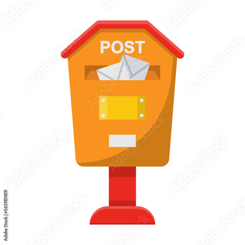 Old orange metal mailbox. Vector illustration of vintage street postbox for wall of house. Cartoon classic letterbox or box for envelopes in slot isolated white. Post service concept