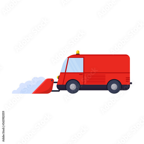 Side view of snowplow. Cartoon drawing of snow plow, truck or tractor on white background. Machinery or transport, winter concept