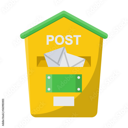 Old metal mailbox. Vector illustration of vintage street postbox for wall of house. Cartoon classic letterbox or box for envelopes in slot isolated white. Post service concept