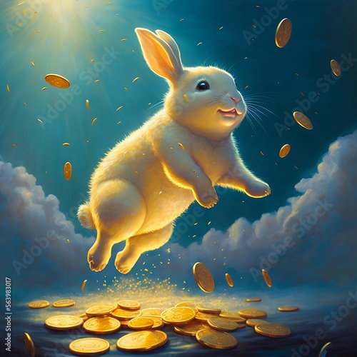 Happy cartoon bunny pool of gold coins jumping and shining photo
