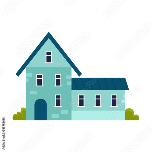 Small village house. Vector illustration of cute building exterior. Cartoon home with windows and doors, chimneys on roofs isolated on white. Neighborhood, town, urban concept