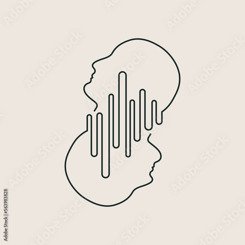 Concept of interpersonal relationships, empathy, understanding. Intertwined human heads. Diagonal icon, line design, editable strokes. Vector illustration