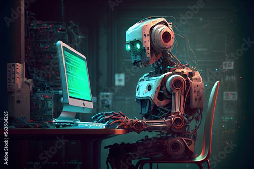 AI chatbot robot sitting at desk using computer as artificial intelligence and machine learning concept - generative AI