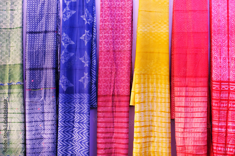 Pallet of vivid and colorful Indian Sari, India textile, selective focus. Pallet of vivid and colorful Indian Sari, India textile, selective focus.