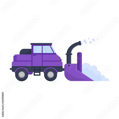 Side view of snowplow flat illustration. Flat cartoon drawing of snow plow, truck or tractor on white background. Machinery or transport, winter concept