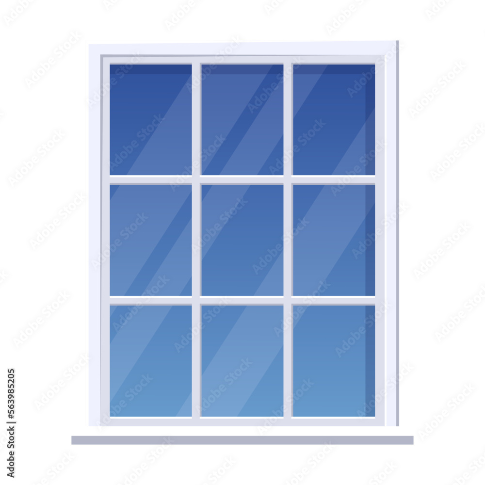 Window with white frame. Clean glass window on wall of building. Cartoon classic element of house exterior isolated white. Architecture, facade concept Window with white frame. Clean glass window on wall of building. Cartoon classic element of house exterior isolated white. Architecture, facade concept