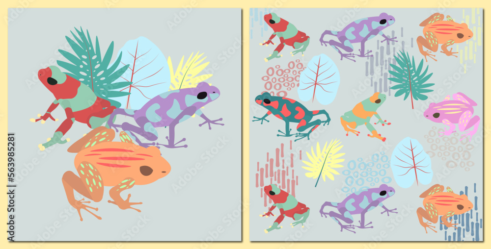 Fototapeta premium multi colored frogs with natural ornaments