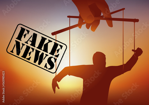 Concept du danger des fausses informations sur les réseaux sociaux avec le symbole d’un homme manipulé qui se transforme en marionette.