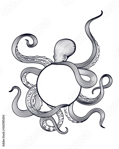 Octopus holding sphere with tentacles, hand drawn vector illustration in engraving technique isolated on white background