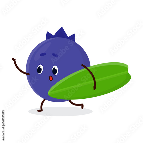 Juicy fresh blueberry fruit on surfboard conquers wave. Cheerful fruit is engaged in extreme sports. Cartoon Vector isolated on white background
