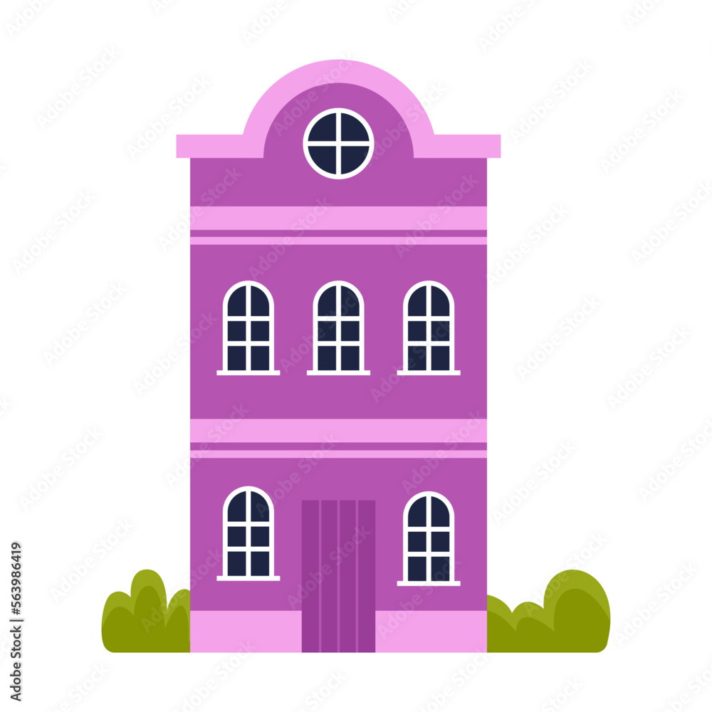 Small purple village house. Vector illustration of cute building exterior. Cartoon home with windows and doors, chimneys on roofs isolated on white. Neighborhood, town, urban concept