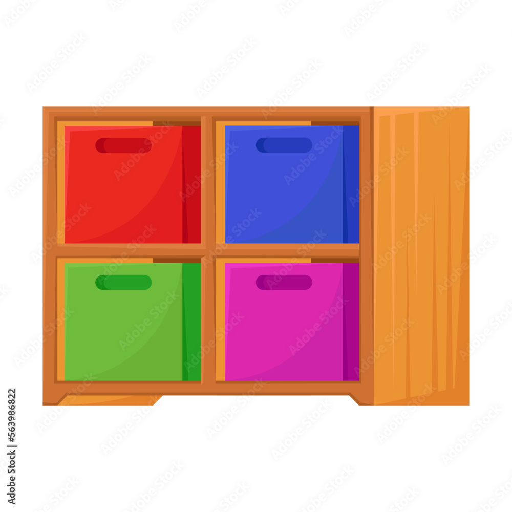 Kindergarten nightstand with boxes for storing small items vector illustration. Cartoon drawing of furniture for children, bedroom or studying room interior Kindergarten nightstand with boxes for storing small items vector illustration. Cartoon drawing of furniture for children, bedroom or studying room interior