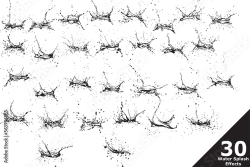 Water splash effects, black ink drops, sketched art, transparent 300dpi include cmyk colors mode.