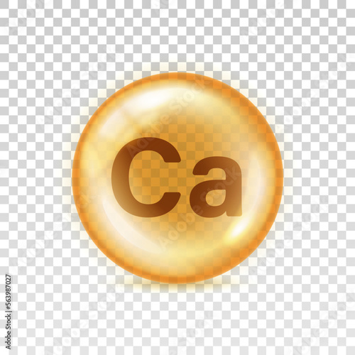 Calcium icon. Ca vitamin yellow orb isolated on transparent background. Big shape glass circle. Realistic 3d bubble. Round sphere nutrition. Design capsule. Deficiency vitamins. Vector illustration