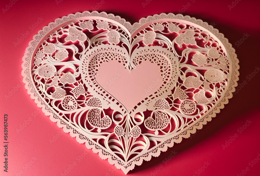 paper doily lace heart, red background, generative ai