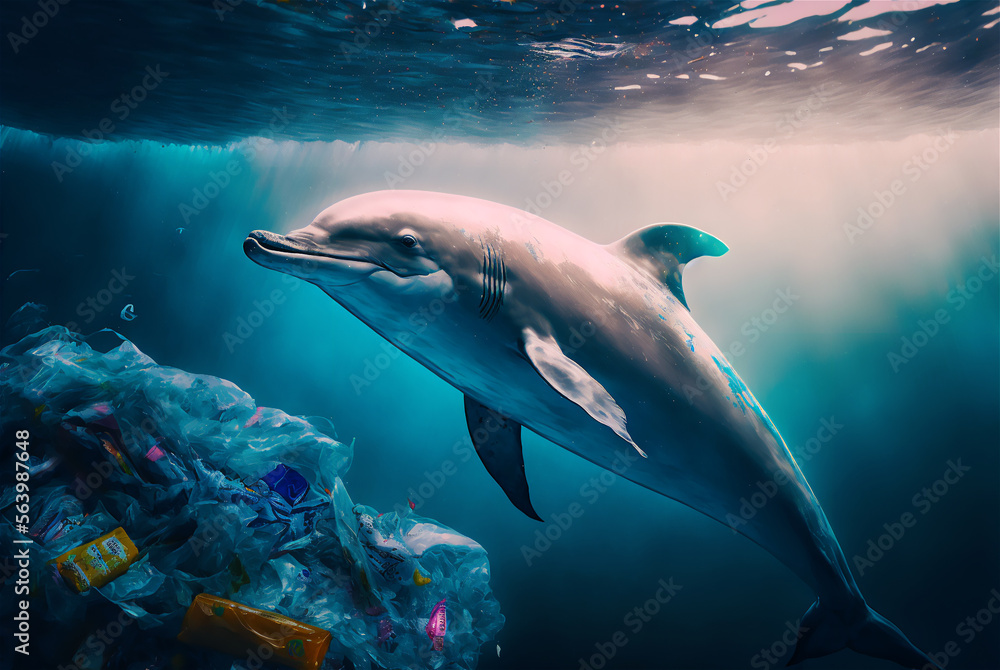 Dolphin with a plastic bag. Ocean plastic pollution concept. Generative AI