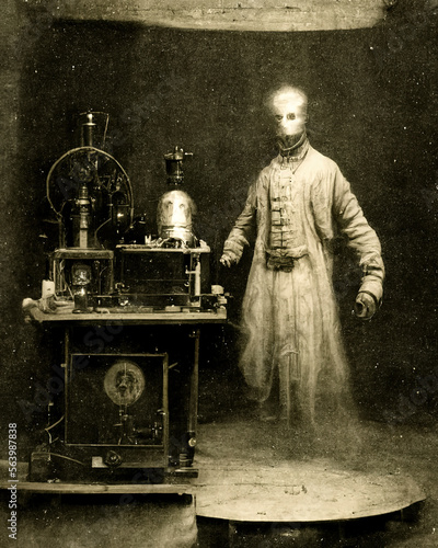 Sepia photograph of a pale figure in a robe beside a laboratory device
