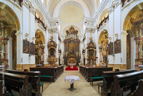 Hradec Kralove, Czech Republic. Interior of Church of the Assumption of the Blessed Virgin Mary. The church was built in 1654-1666 by design of the Jesuit monk and architect Carlo Lurago.